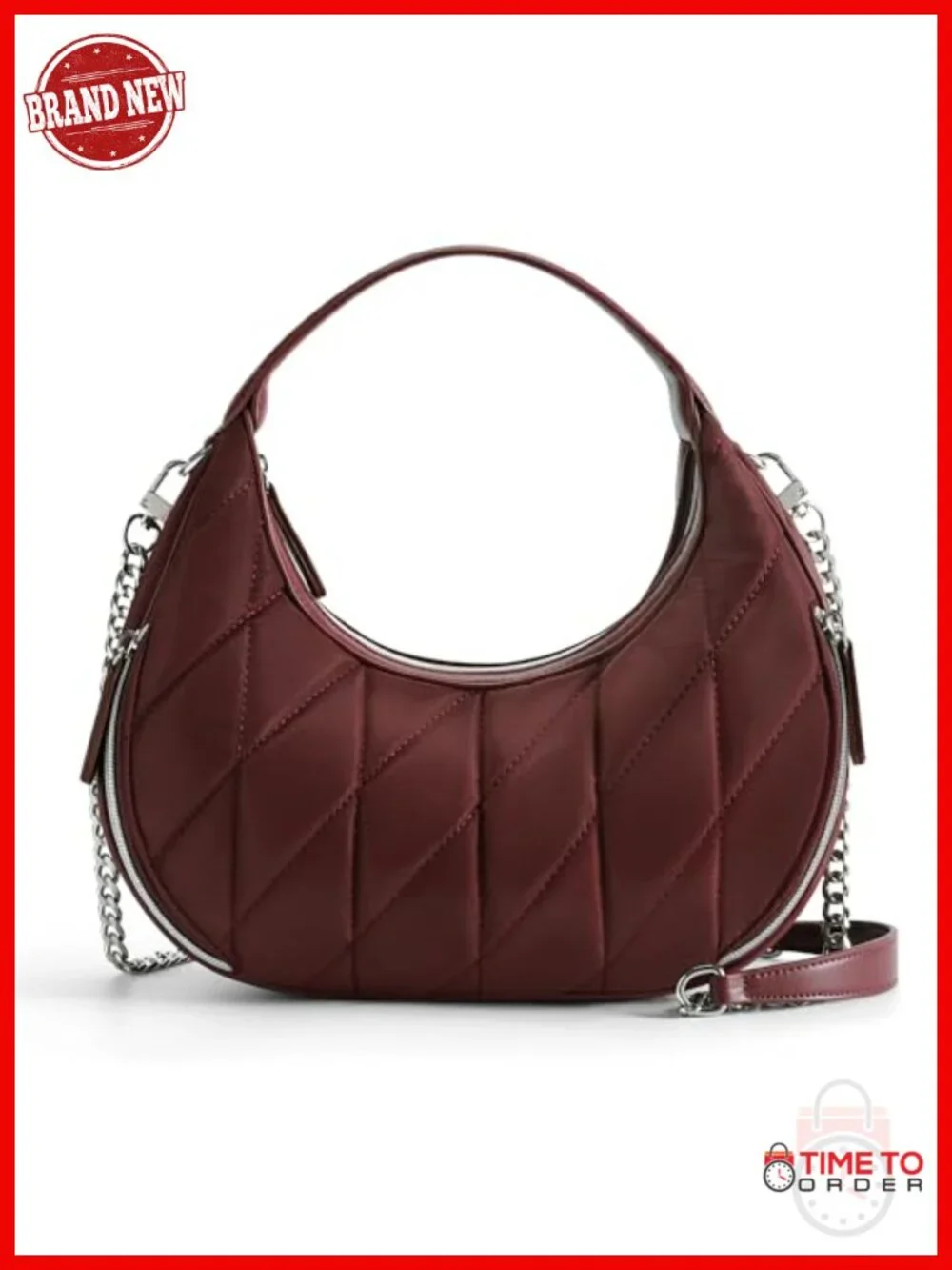 Quilted Crescent Crossbody Bag, Waterproof Nylon Hobo Purse with Chain Strap